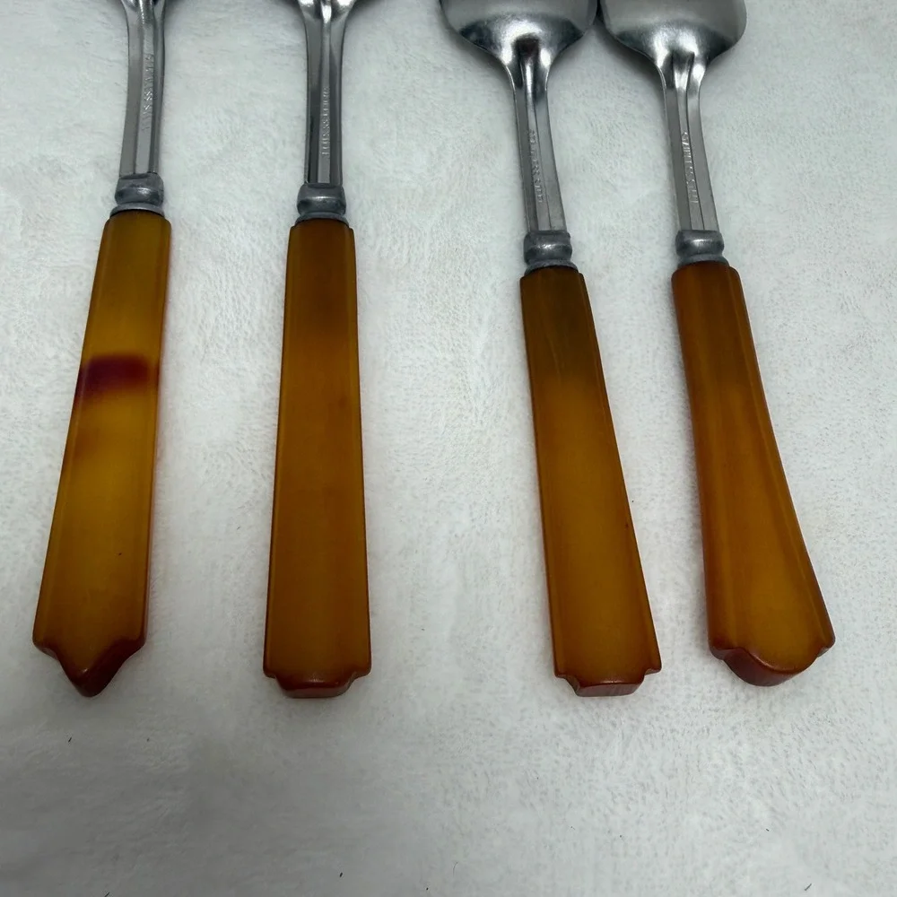 VTG Butterscotch Bakelite Handle Spoons Stainless Steel Set of 4 Mixed Sizes SEE